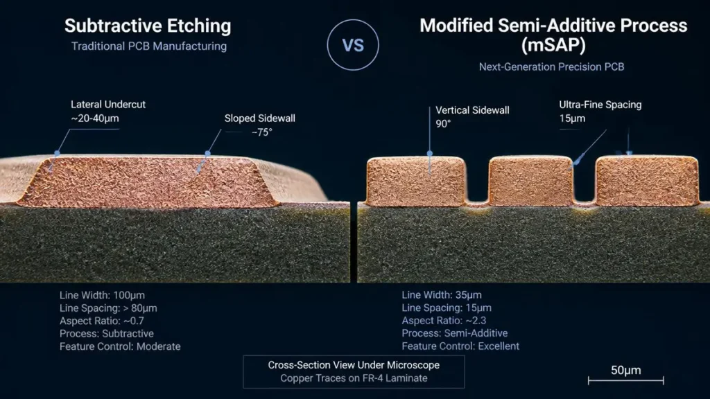 Microscope cross-section comparing subtractive etching and mSAP copper trace sidewall profiles on FR-4 substrate