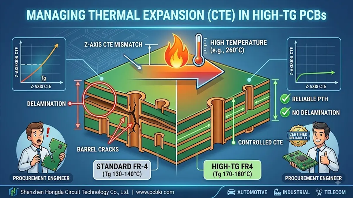 Comparative analysis of PCB CTE in standard vs High-Tg FR4 showing thermal expansion, PTH barrel cracking, and delamination risks.