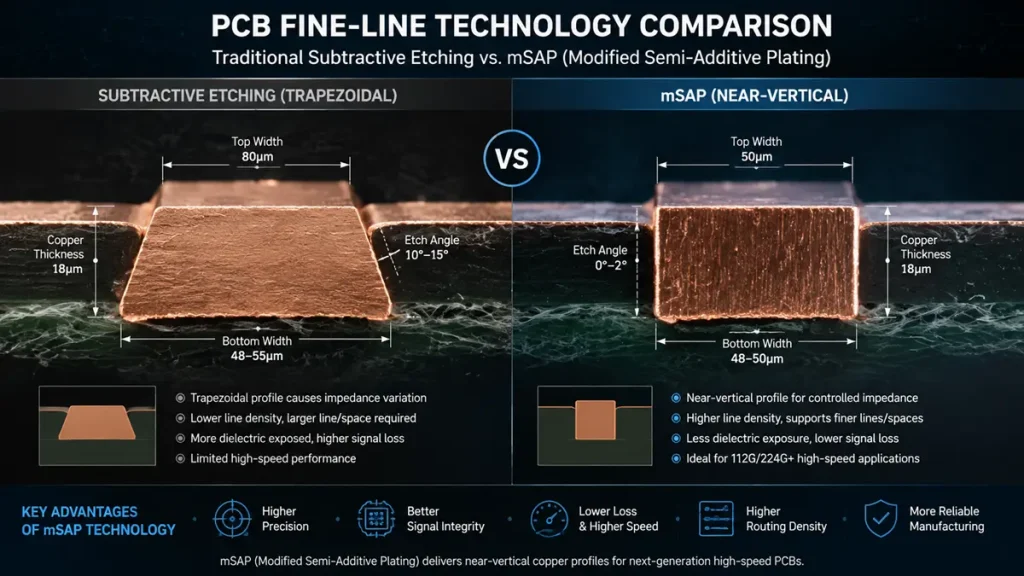 Technical comparative graphic by Shenzhen Hongda Circuit Technology (PCBKR) showing micro-scale PCB trace cross-sections, comparing trapezoidal subtractive etching lines with 10–15° angles versus near-vertical mSAP fine-line circuits with 0–2° angles for high-speed AI server applications.