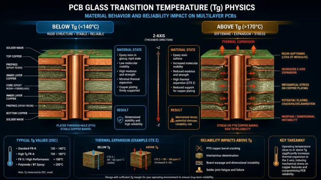 Standard FR4 vs. High-Tg FR4:Cross-section diagram illustrating PCB glass transition temperature physics and Z-axis thermal expansion