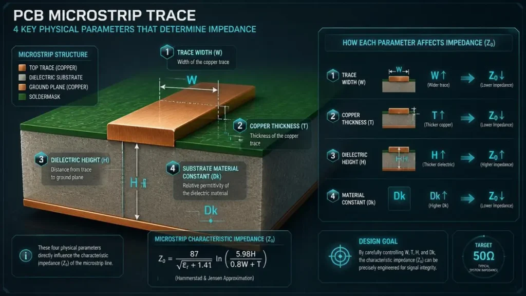 Detailed 3D cross-sectional diagram of a PCB microstrip trace illustrating four physical parameters affecting characteristic impedance Z0: Trace Width (W), Copper Thickness (T), Dielectric Height (H), and Material Constant (Dk), with mathematical formulas and parameter impact arrows.