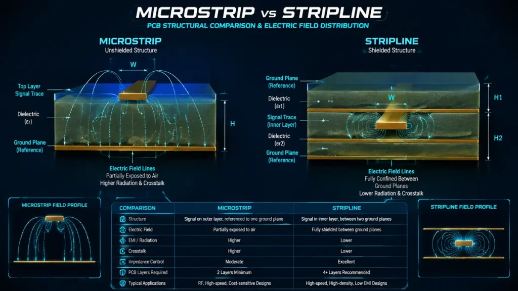 3D cross-section diagram comparing PCB Microstrip and Stripline trace structures, showing top-layer unshielded signal trace vs inner-layer shielded trace with electric field lines, ground planes, dielectric substrate, and a summary comparison table.
