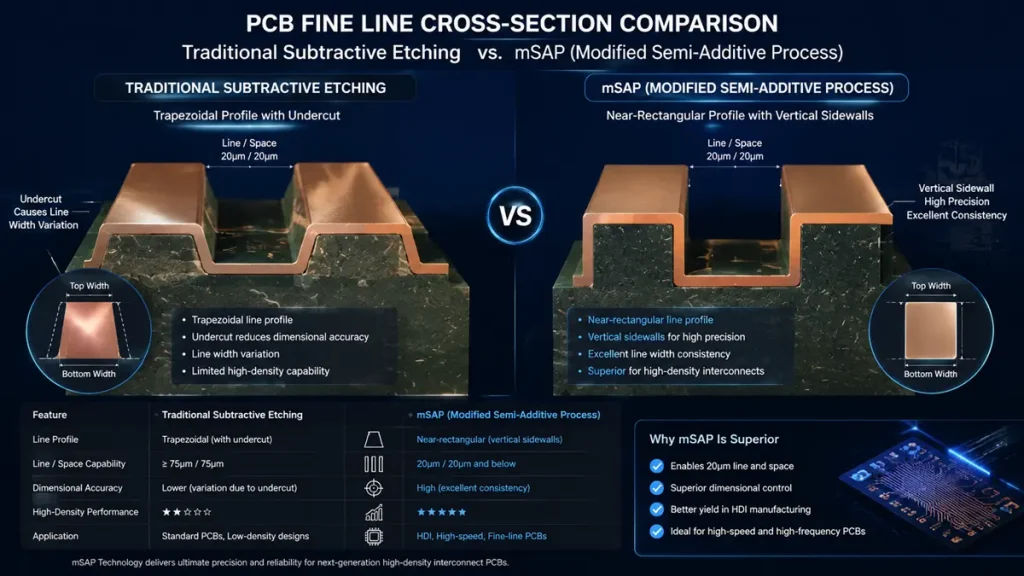 Technical cross-section comparison diagram illustrating traditional subtractive etching with trapezoidal profiles versus mSAP modified semi-additive process with near-rectangular vertical sidewalls for high-density PCBs