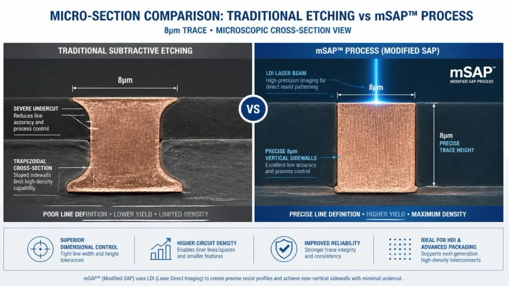 PCB micro section comparison chart showing traditional subtractive etching with undercut versus mSAP process with precise 8 micron vertical sidewalls