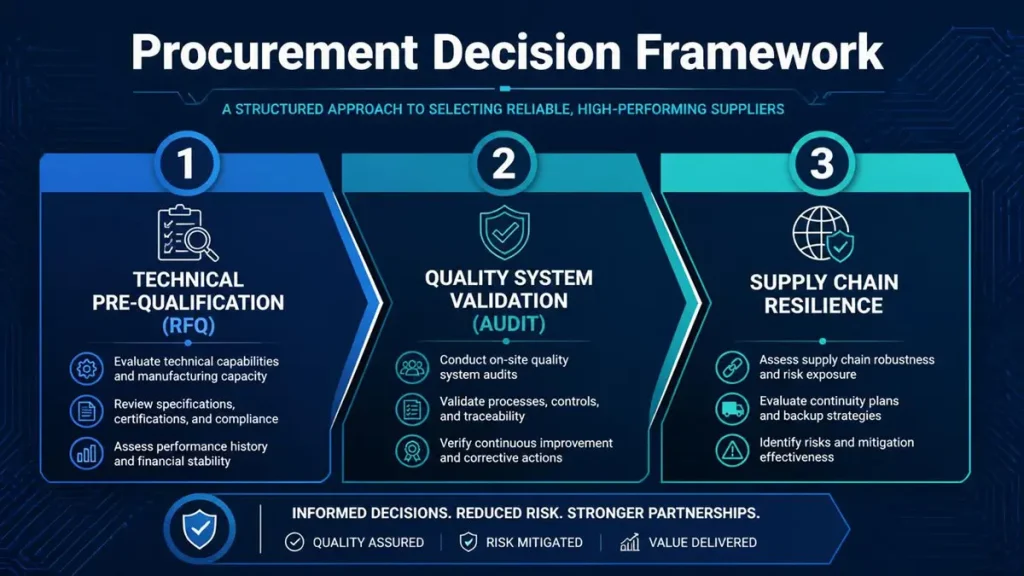 Infographic diagram of a 3-stage PCB procurement decision framework showing Step 1: Technical Pre-Qualification (RFQ), Step 2: Quality System Validation (Audit), and Step 3: Supply Chain Resilience.
