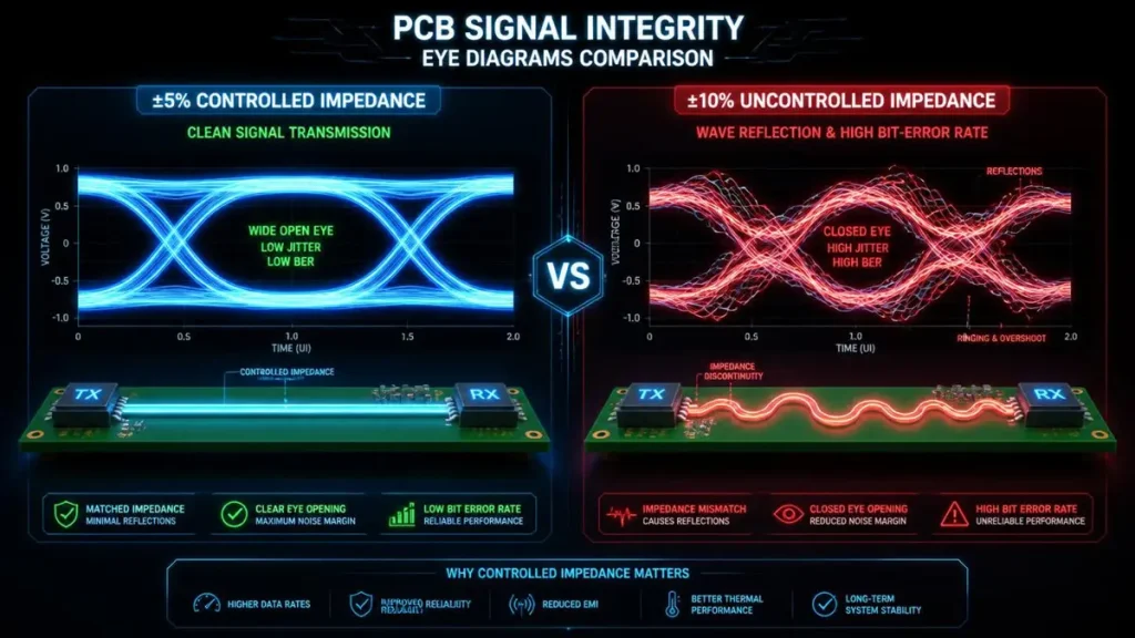PCB signal integrity eye diagram comparison showing ±5% controlled impedance with clear eye opening versus ±10% uncontrolled impedance with high jitter and bit-error rate.