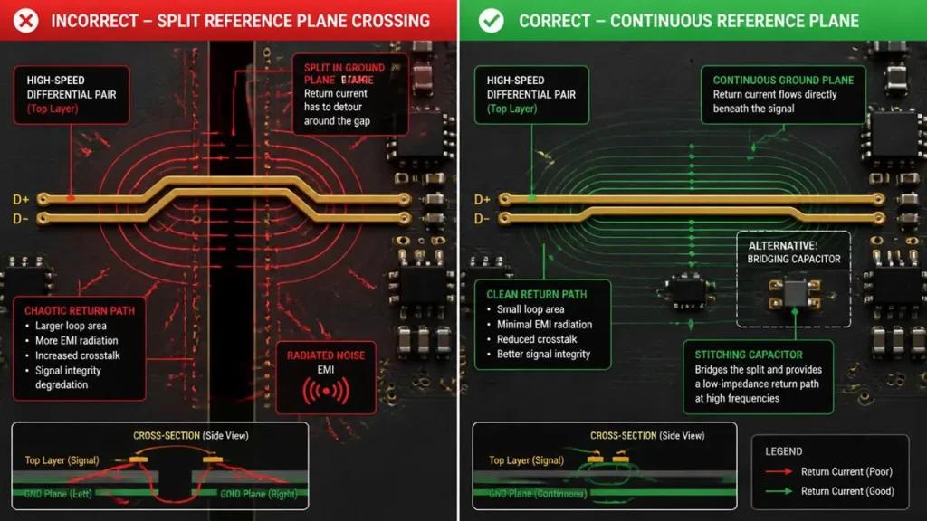 PCB impedance control service illustrating high-speed layout comparison between split ground plane crossing and continuous reference plane with stitching capacitor.