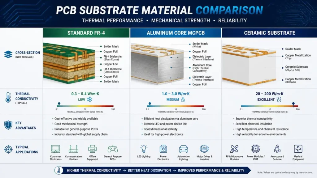 Technical infographic comparing Standard FR-4, Aluminum Core MCPCB, and Ceramic PCB substrates thermal conductivity, cross-section structure, and LED applications.