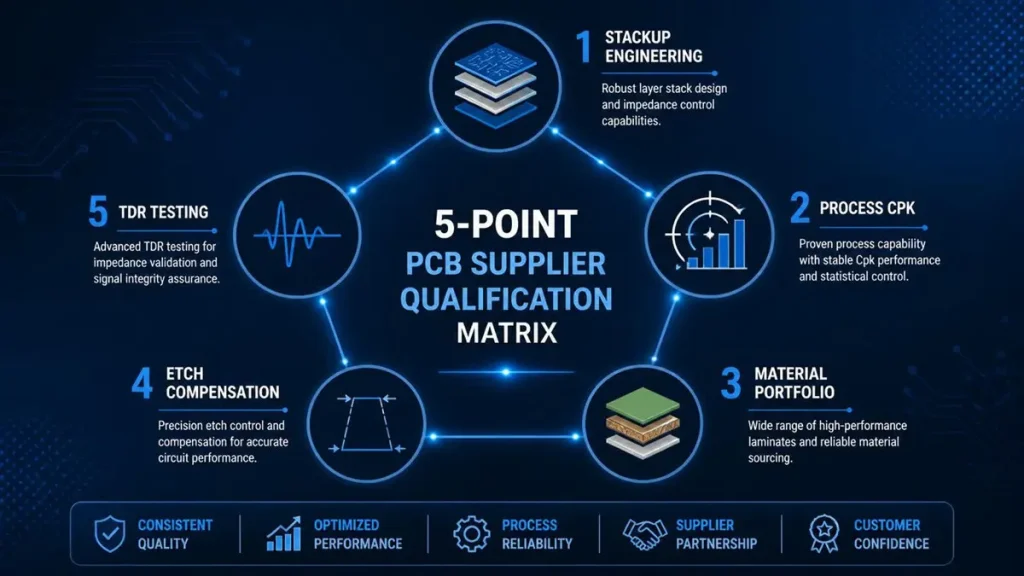 5-point PCB supplier qualification matrix infographic illustrating stackup engineering, process Cpk, material portfolio, etch compensation, and TDR testing.