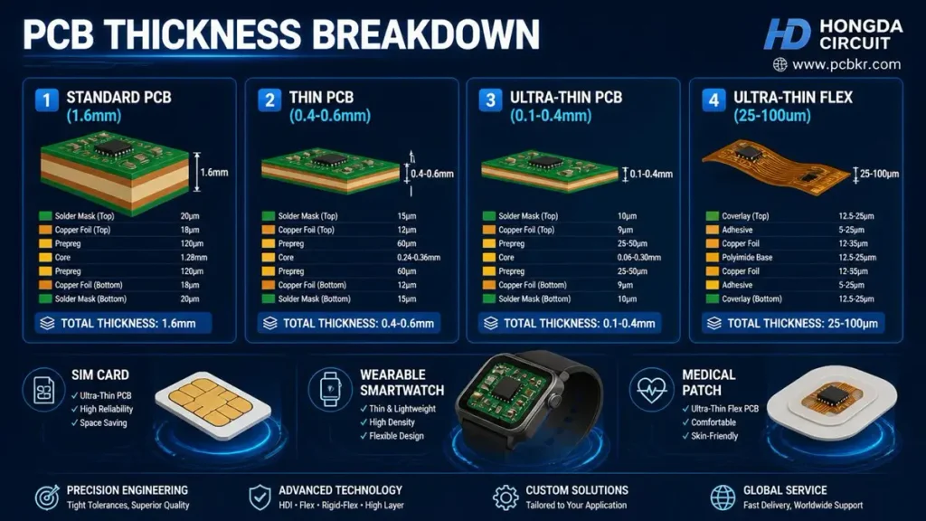 PCB thickness breakdown diagram by Hongda Circuit showing standard, thin, ultra-thin, and ultra-thin flex structures.