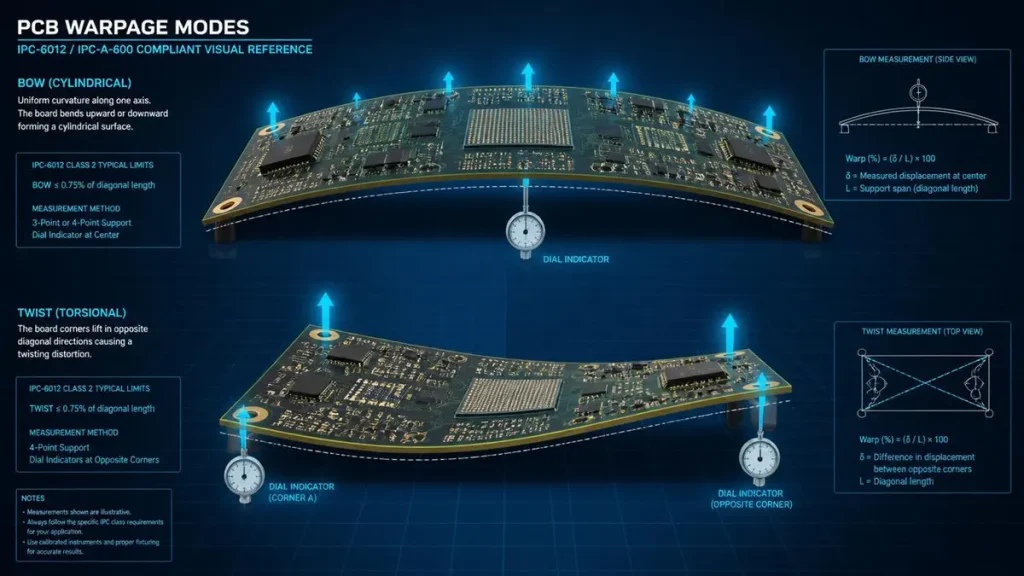 3D technical diagram illustrating ultra-thin PCB warpage modes, comparing cylindrical Bow deformation and diagonal Twist with IPC-6012 dial indicator measurement methods.