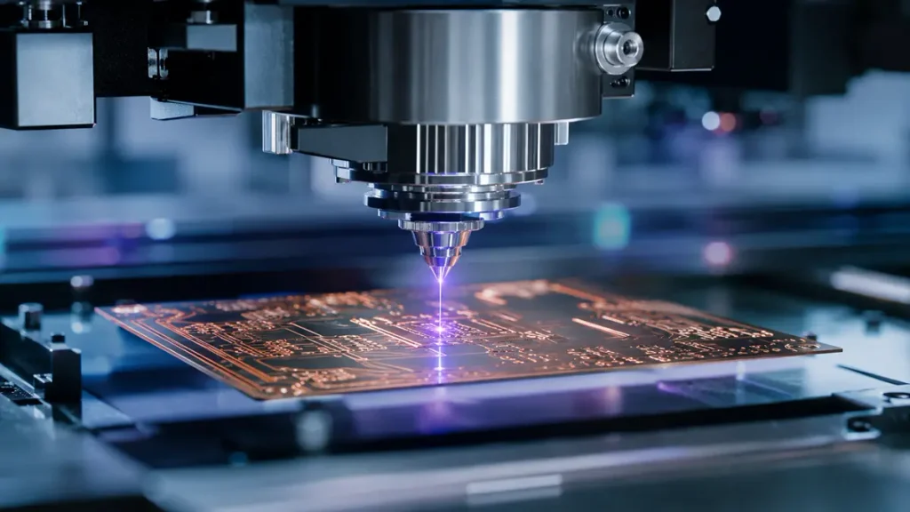 High-precision picosecond UV laser machine drilling 50-micron microvias on a custom 0.2mm ultra-thin PCB in a cleanroom manufacturing facility.