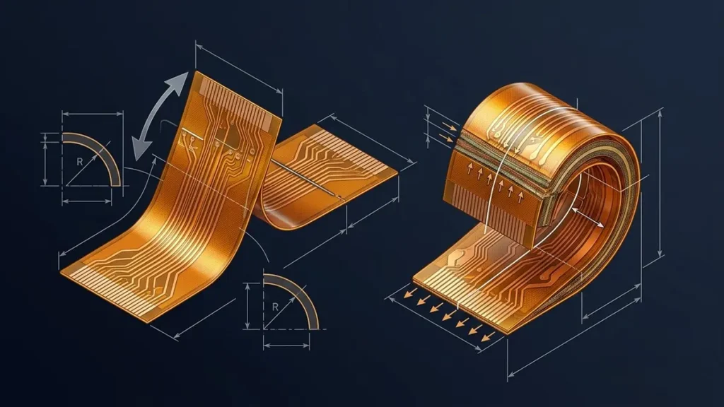 Isometric technical engineering diagram of a polyimide flexible printed circuit board (FPC) comparing dynamic bending and static bending, showcasing the minimum bend radius R, neutral bend axis, inner layer compression, and outer layer tension on glowing amber Kapton film with metallic copper traces