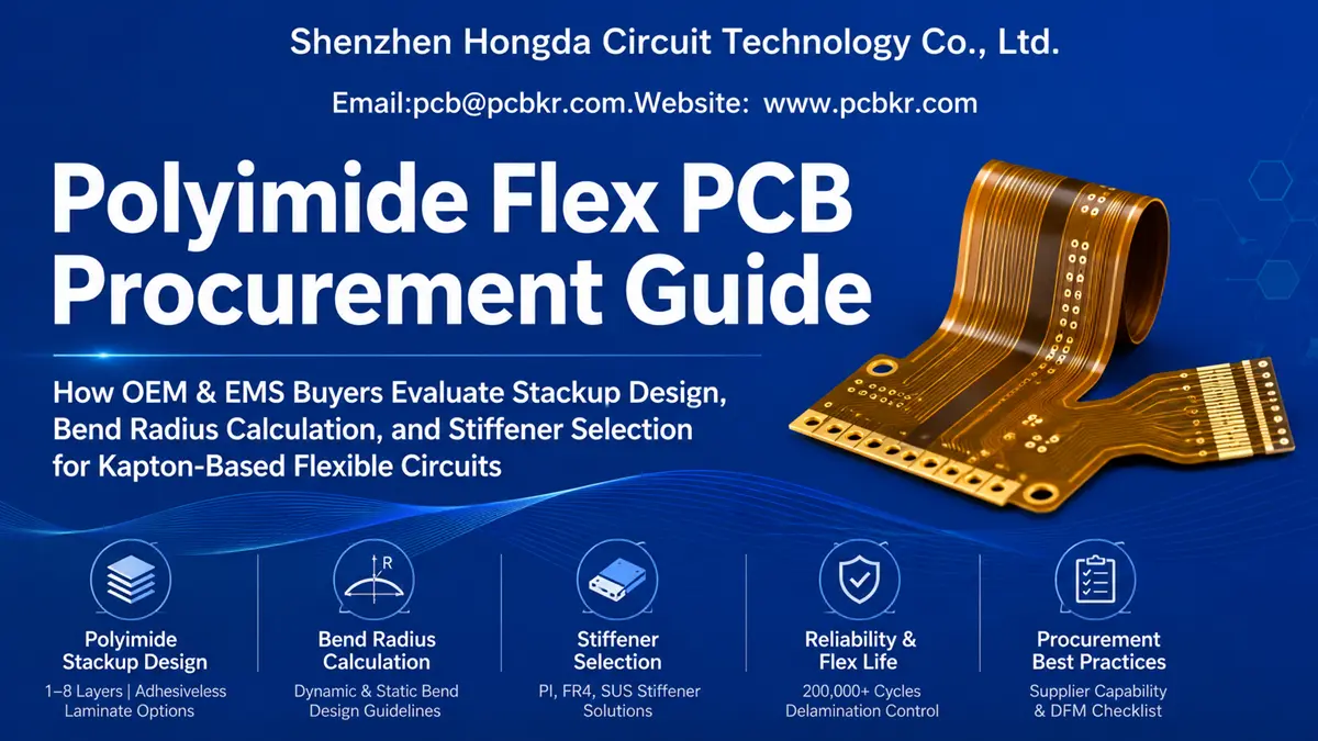 Polyimide flex PCB procurement guide covering Kapton stackup design, bend radius calculation, and stiffener selection by Hongda Circuit