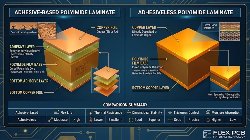 Technical 3D cross-section infographic comparing 5-layer adhesive-based polyimide flex PCB laminate with 3-layer adhesiveless polyimide substrate, showing copper foil, adhesive layer, and polyimide film structure along with a material property comparison summary.