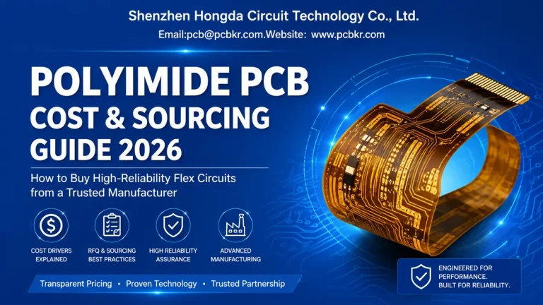 Cover image for Polyimide PCB Cost & Sourcing Guide 2026 by Shenzhen Hongda Circuit Technology, featuring a flexible circuit board graphic on a high-tech blue background.
