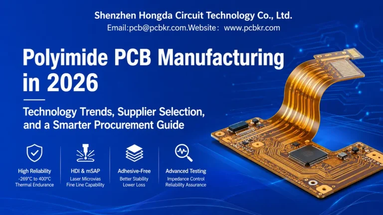 Cover image for Polyimide PCB Manufacturing in 2026 guide by Shenzhen Hongda Circuit Technology, highlighting adhesive-free, HDI, and high-reliability polyimide PCB solutions.