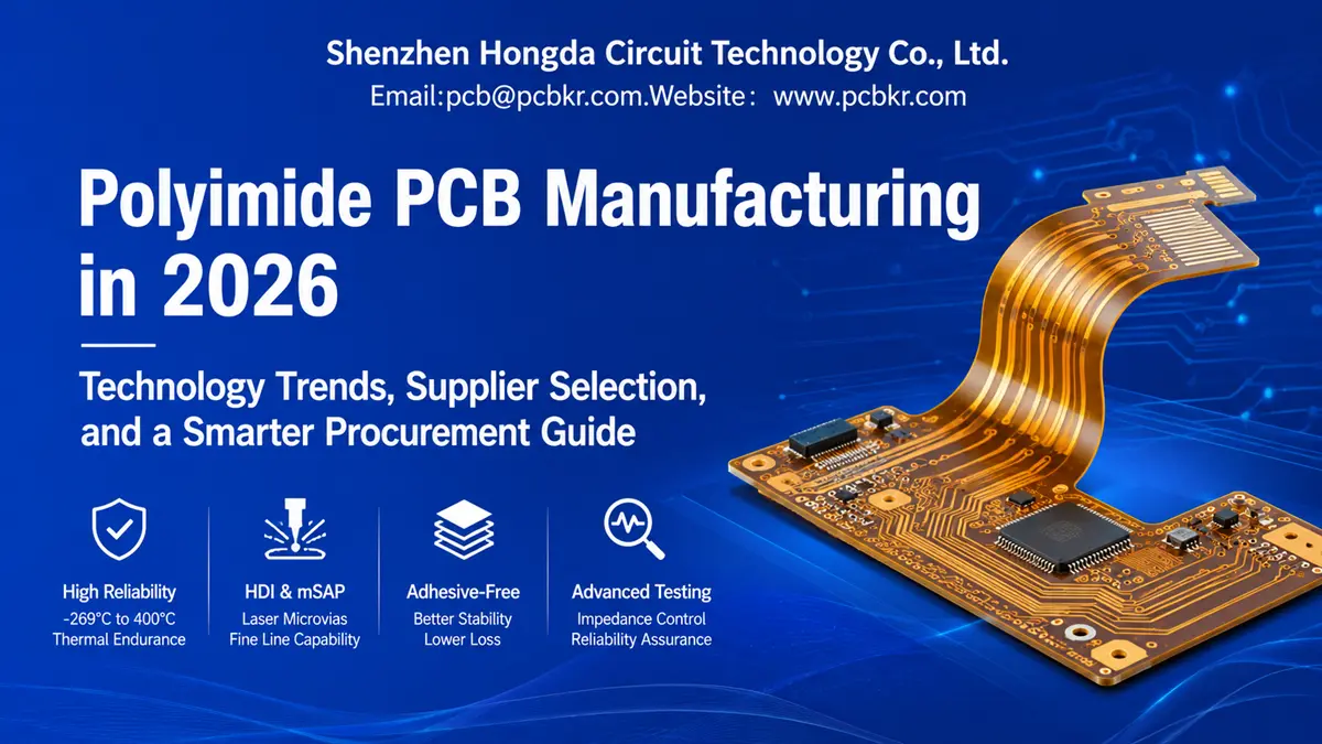 Cover image for Polyimide PCB Manufacturing in 2026 guide by Shenzhen Hongda Circuit Technology, highlighting adhesive-free, HDI, and high-reliability polyimide PCB solutions.