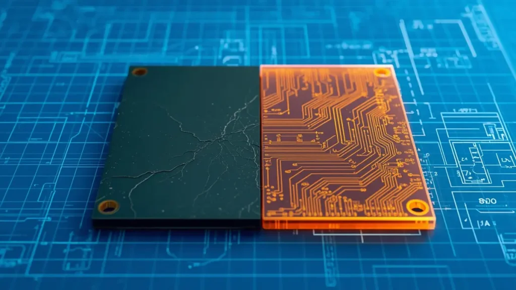 Side-by-side comparison of damaged FR-4 PCB substrate under heat stress and golden-amber Polyimide PCB material for high-temperature applications