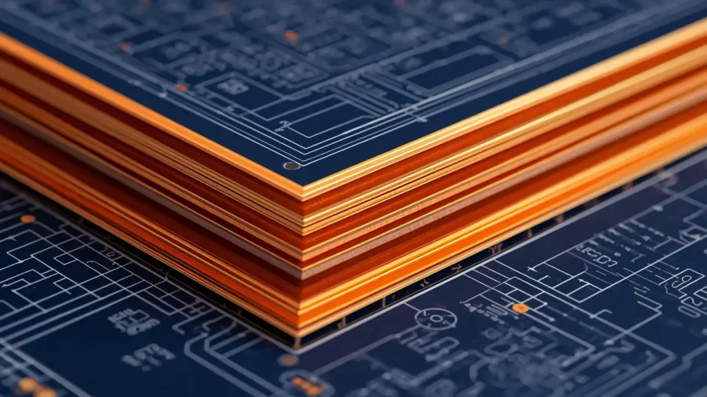 Detailed engineering cross-section visualization of a multilayer Polyimide PCB laminate stackup showing copper layers and golden-amber film on a dark blue blueprint background.