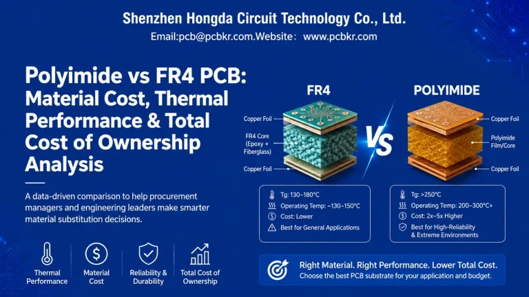 Polyimide vs FR4 PCB material comparison chart showing thermal performance, substrate stackup, and cost analysis by Hongda Circuit.