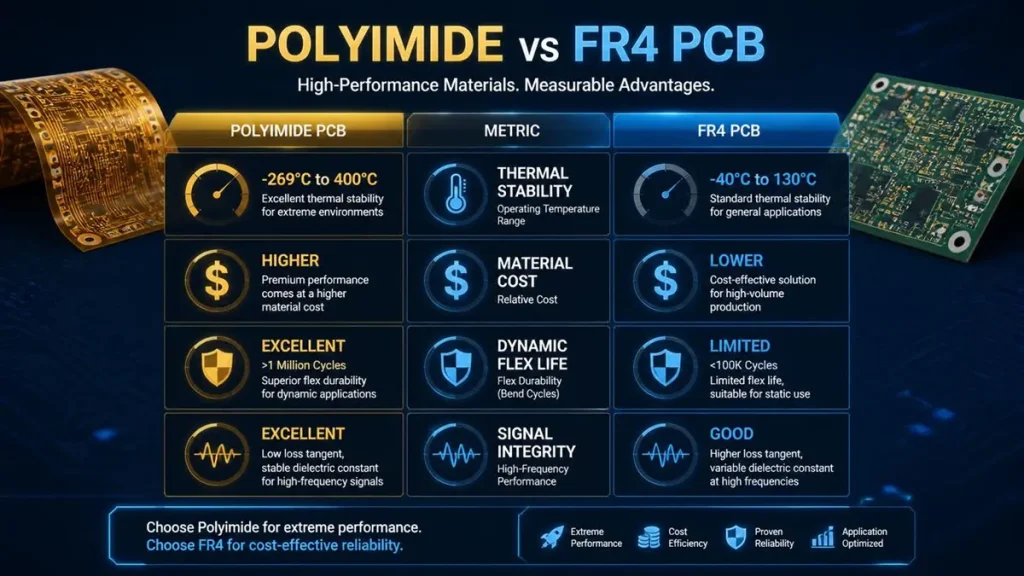 Polyimide vs FR4 PCB 4-metric comparison chart detailing thermal stability, material cost, dynamic flex life, and signal integrity performance by Hongda Circuit.