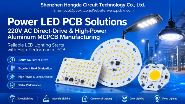 Power LED PCB solutions including 220V AC direct-drive modules and high-power aluminum MCPCBs by Hongda Circuit