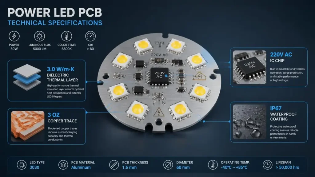 Technical specifications infographic of a circular Power LED PCB showing 3.0 W/m·K dielectric layer, 3 oz copper trace, 220V AC IC chip, and IP67 waterproof coating