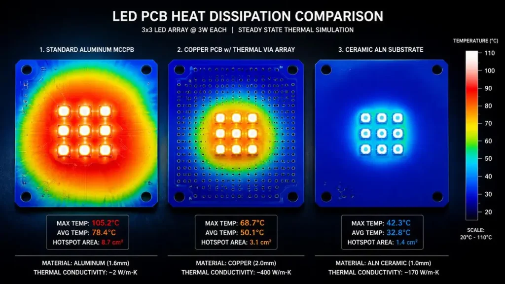Engineering thermal simulation comparing heat dissipation on 3x3 LED arrays across Standard Aluminum MCPCB, Copper PCB with Thermal Vias, and Ceramic AlN Substrate