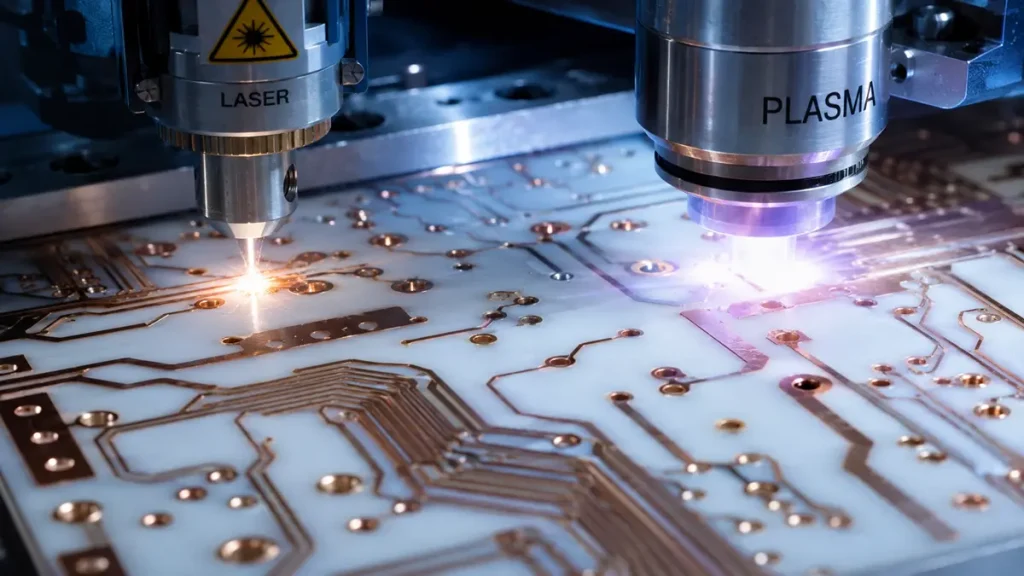 Precision CO2 laser microvia drilling and argon plasma desmear cleaning on white PTFE Teflon circuit board during PCB manufacturing.