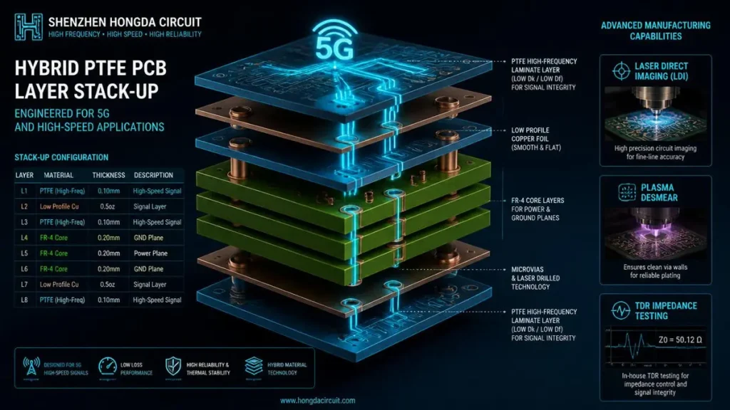 3D exploded view of hybrid PTFE PCB layer stackup and manufacturing capabilities including LDI and plasma desmear by Shenzhen Hongda Circuit