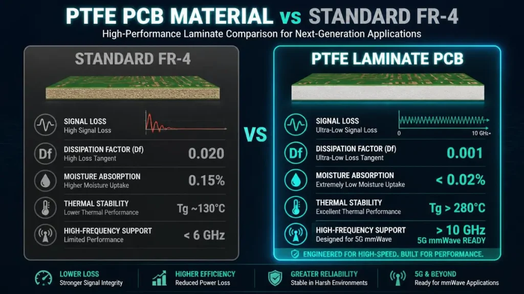 Technical spec comparison card showing PTFE PCB material vs standard FR-4 in Df loss tangent and moisture absorption
