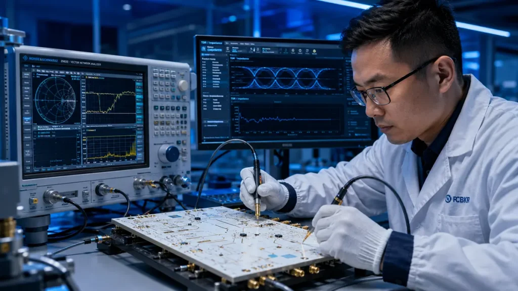 Professional engineer performing VNA and TDR impedance testing on a high-frequency PTFE Teflon circuit board in a quality control laboratory.
