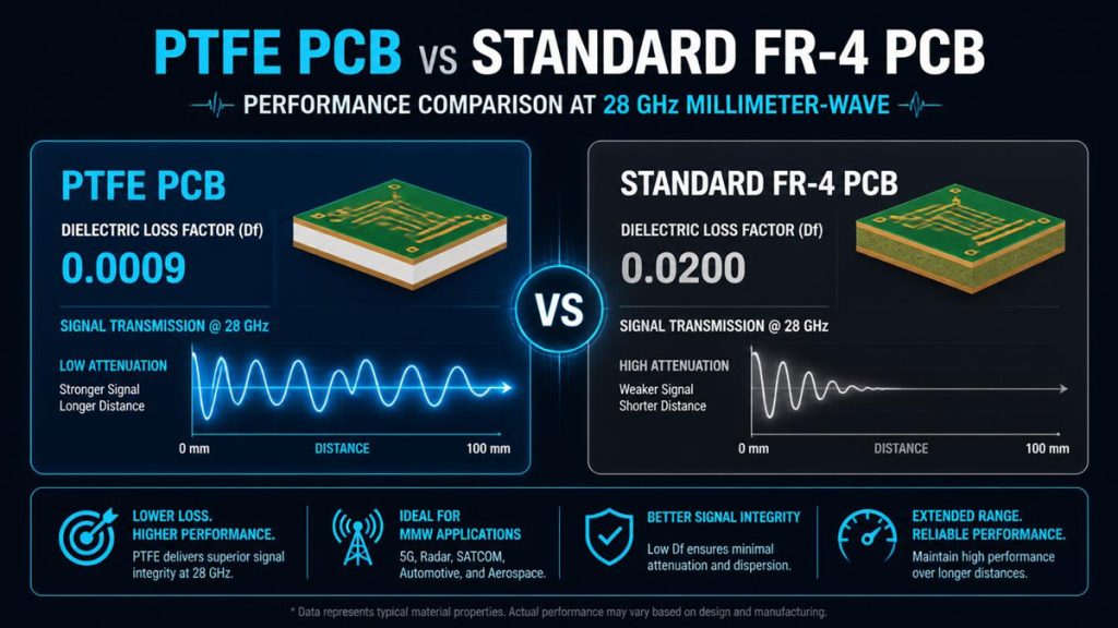 Comparison chart of PTFE PCB vs Standard FR-4 dielectric loss and signal attenuation at 28 GHz