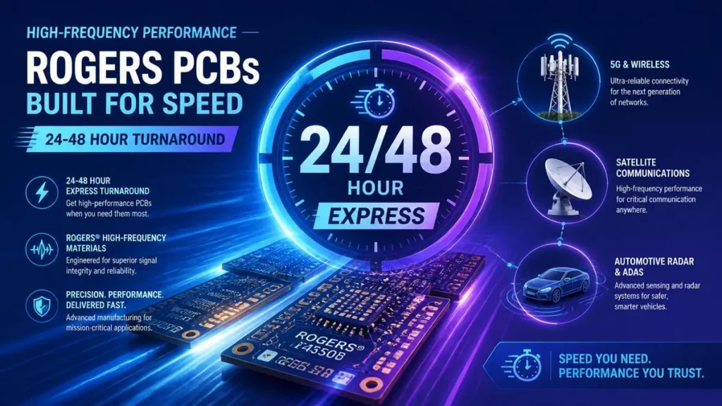 A corporate technology graphic depicting rapid 24 to 48 hour express turnaround for Rogers PCB prototypes used in 5G wireless, satellite communication, and automotive radar applications.