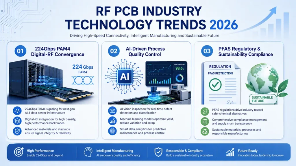 Technology trend infographic for the 2026 RF PCB industry featuring three core blocks: 224Gbps PAM4 digital-RF convergence with server backplanes, AI-driven process quality control with automated optical inspection, and PFAS regulatory compliance for sustainable manufacturing.