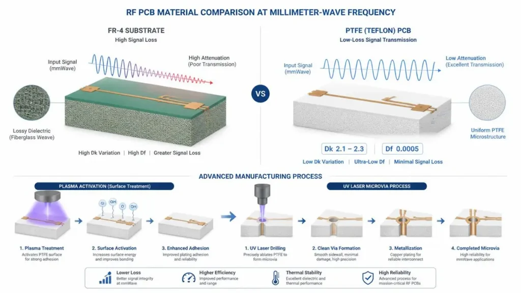 Technical comparison diagram between FR-4 and PTFE (Teflon) PCB substrates for mmWave frequencies. Shows FR-4 high signal loss vs PTFE low attenuation with Dk 2.1-2.3 and Df 0.0005, along with plasma activation surface treatment and UV laser microvia manufacturing process steps.