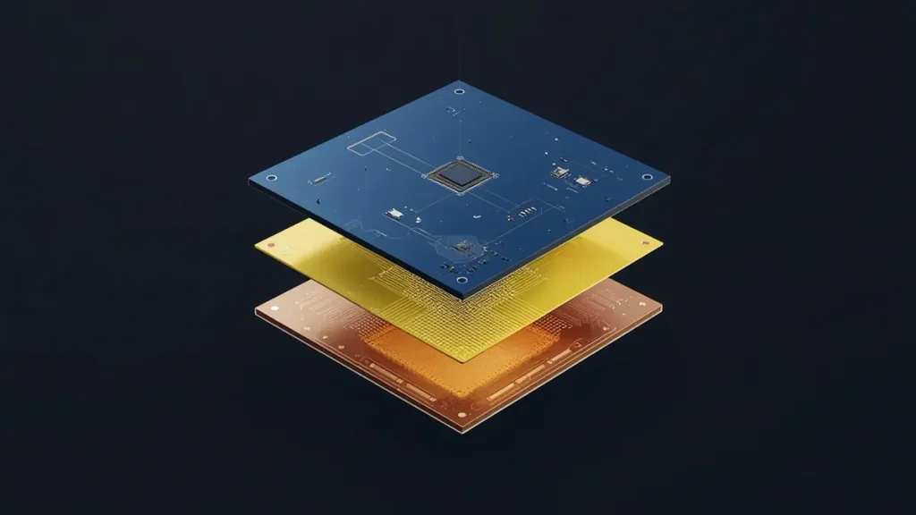 3D exploded CAD view showing dark blue FR4, yellow polyimide flex substrate, and copper ground layers of a rigid-flex camera PCB by Hongda Circuit