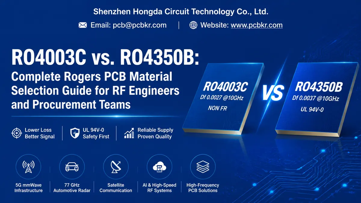 RO4003C vs RO4350B Rogers PCB material selection guide comparing loss factor, UL 94V-0 rating, and RF applications by Hongda Circuit