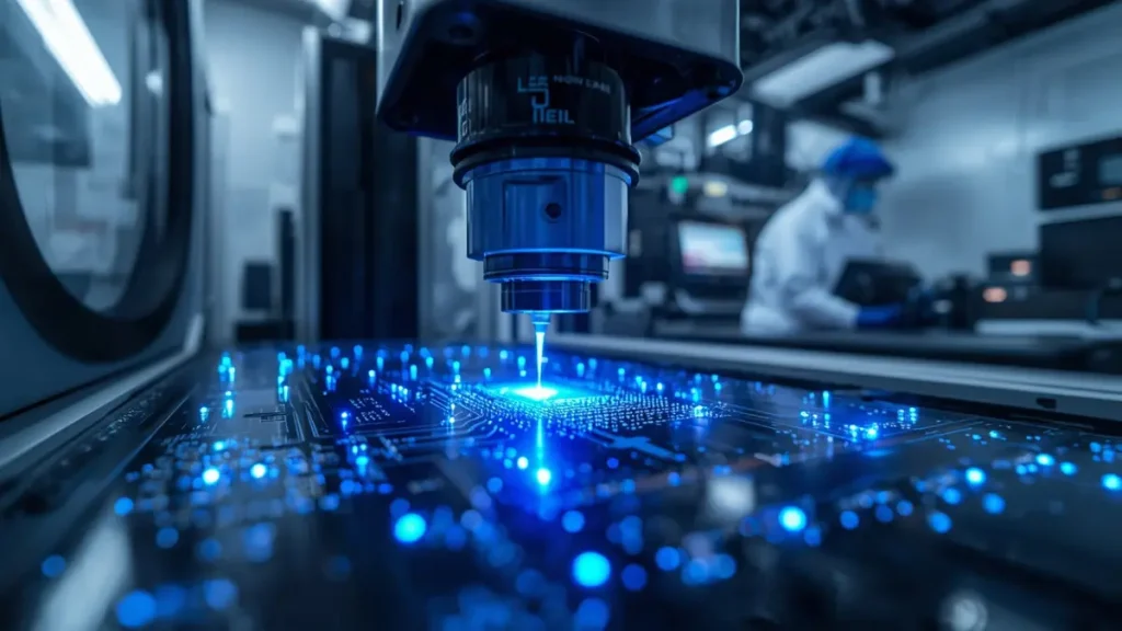 High-precision laser direct imaging (LDI) machine processing a Rogers high-frequency PCB substrate in a cleanroom environment at Shenzhen Hongda Circuit Technology.