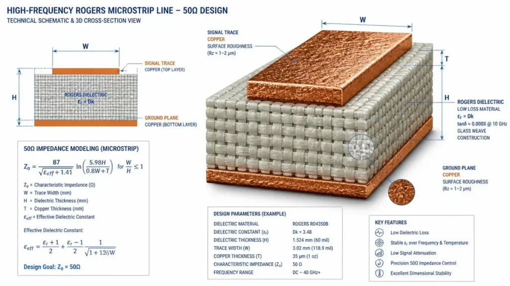 3D cross-section diagram of a Rogers high-frequency PCB microstrip line showing top signal trace with copper roughness, glass weave dielectric layer, ground plane, and 50-ohm impedance modeling formulas.