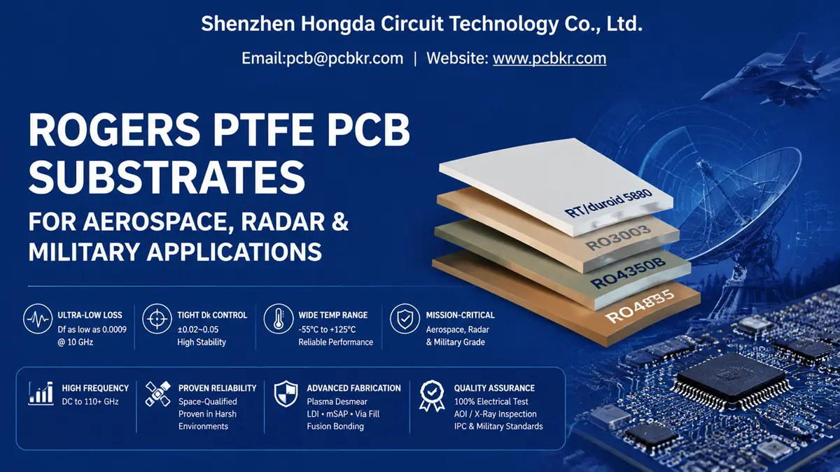Rogers PTFE PCB substrates overview showing RT duroid 5880, RO3003, RO4350B, and RO4835 laminates for aerospace, radar, and military applications.