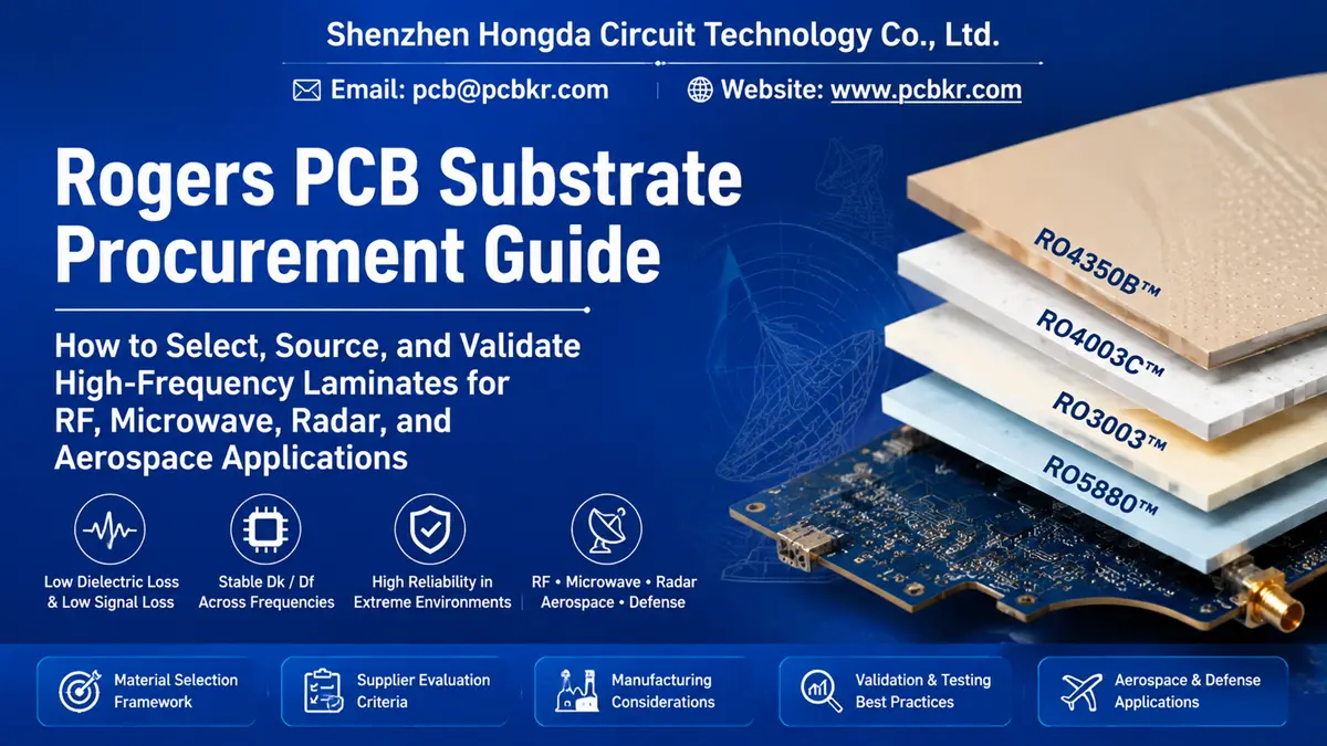 Shenzhen Hongda Circuit Rogers PCB Substrate Procurement Guide cover image, showing stacked laminate materials including RO4350B, RO4003C, RO3003, and RO5880 on a high-frequency circuit board, detailing material selection, supplier evaluation, and testing for aerospace and defense applications.