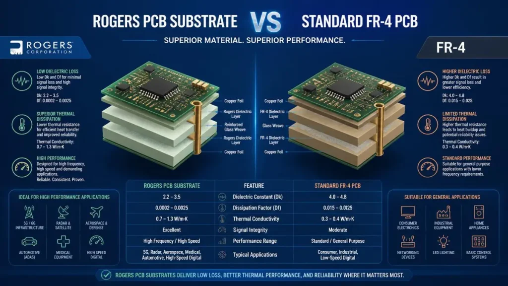 Infographic comparing Rogers PCB substrate and standard FR-4 material properties, highlighting Dk, Df, thermal conductivity, and high-frequency applications