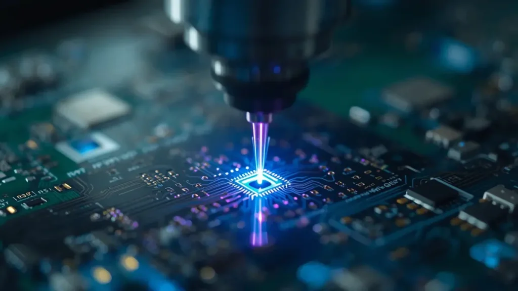 Precision laser drilling process on Rogers PTFE PCB showing cyan and purple high-tech light in advanced fabrication line.