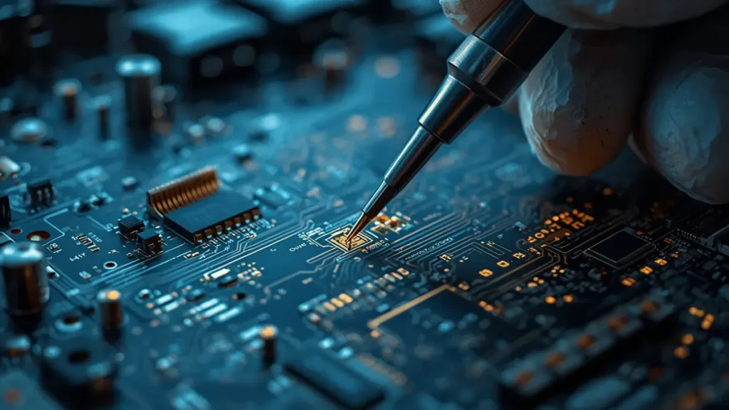  An engineer wearing anti-static gloves uses precision RF test probes on a rogers 4350B PCB prototype cheap for strict impedance control verification