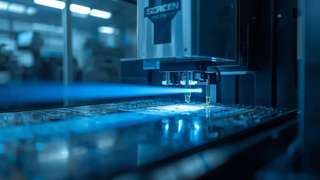 SCREEN Ledia LDI exposure machine processing an aluminum LED PCB prototype in Shenzhen Hongda Circuit cleanroom for 24-hour quick turn fabrication