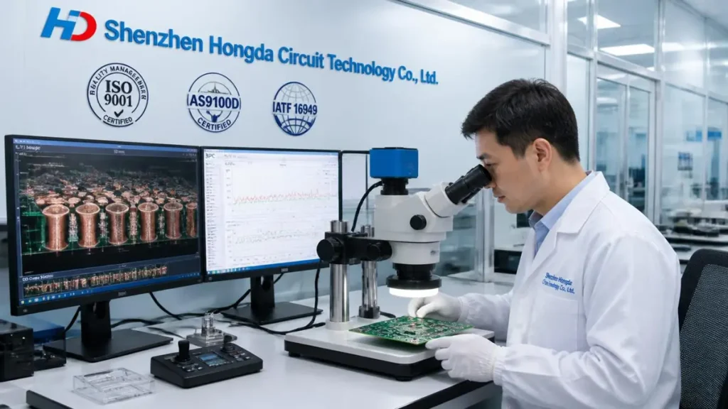 A quality control engineer wearing clean white gloves at Shenzhen Hongda Circuit Technology Co., Ltd. inspecting a microvia PCB using a high-resolution microscope alongside SPC data charts and ISO 9001, AS9100D, and IATF 16949 certification displays.