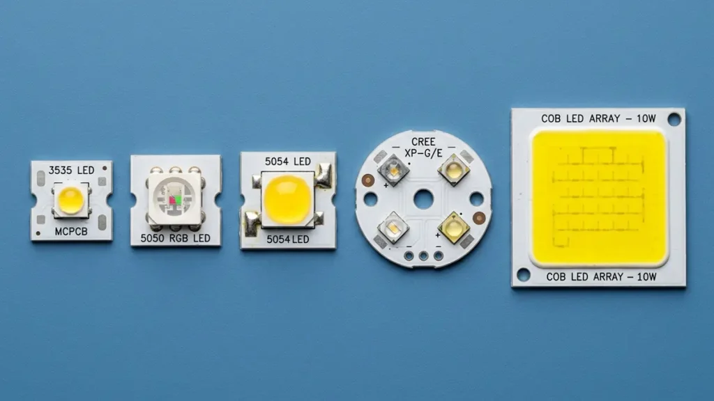 Side-by-side comparison of SMD LED PCB packages including 3535, 5050 RGB, 5054, Cree XP-G MCPCB, and COB array by Hongda Circuit.