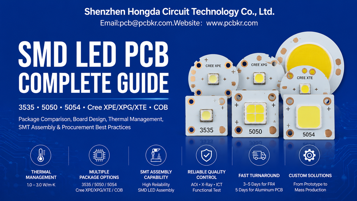 Complete guide to SMD LED PCB assemblies including 3535, 5050, Cree, and COB aluminum MCPCB modules by Hongda Circuit.
